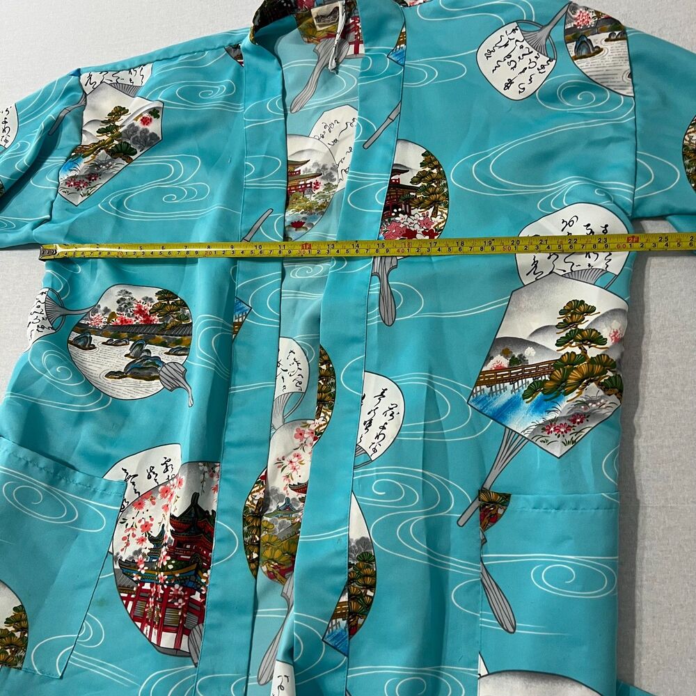 Vintage Japanese Style Kimono Robe Turquoise Fan Garden Print Belted One Size - Picture 9 of 12